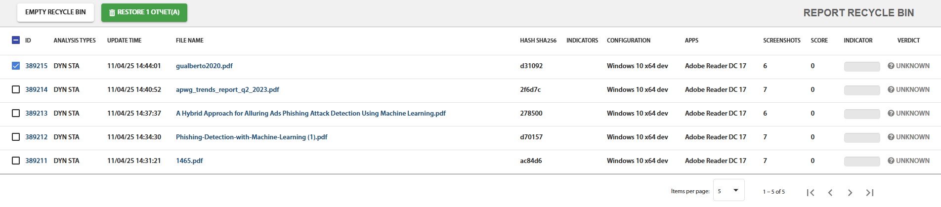 Fig. 5 - Reports Trash Bin Page