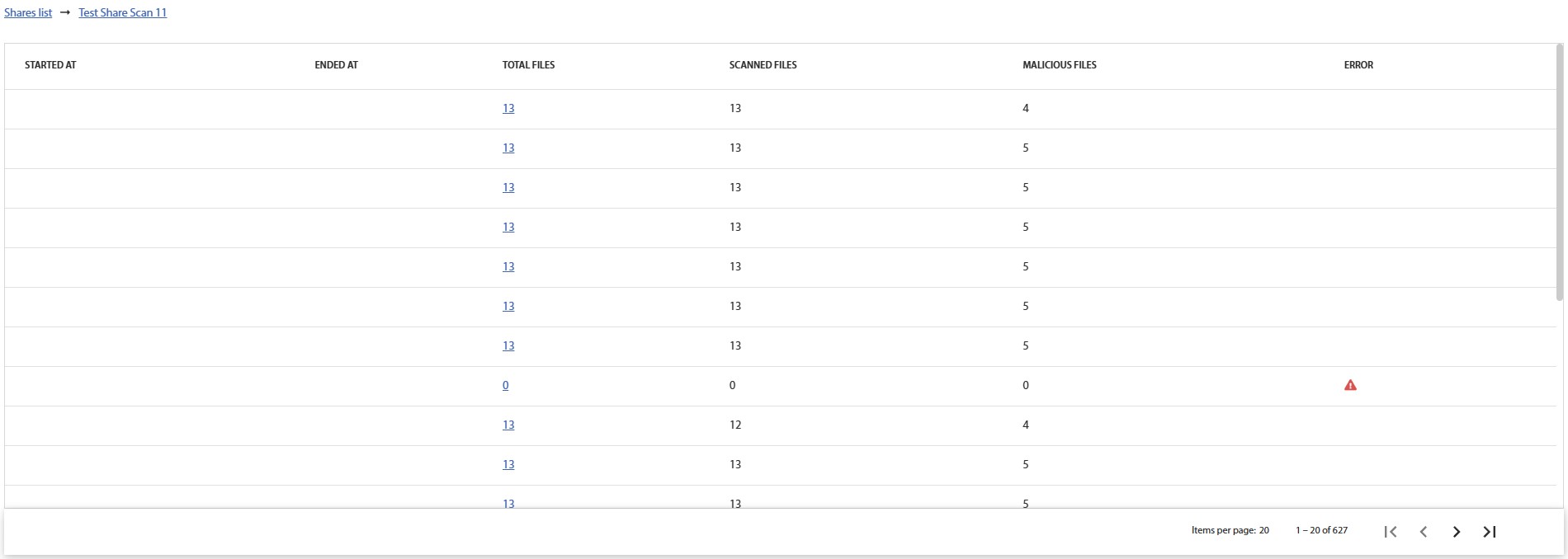 Fig. 4.8.3 - Storage scanning sessions table
