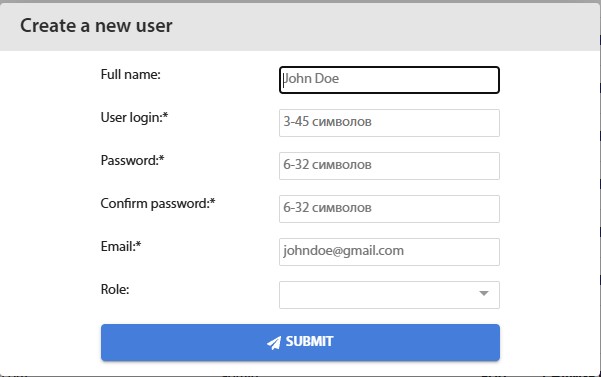 Fig. 2 - New user creation form