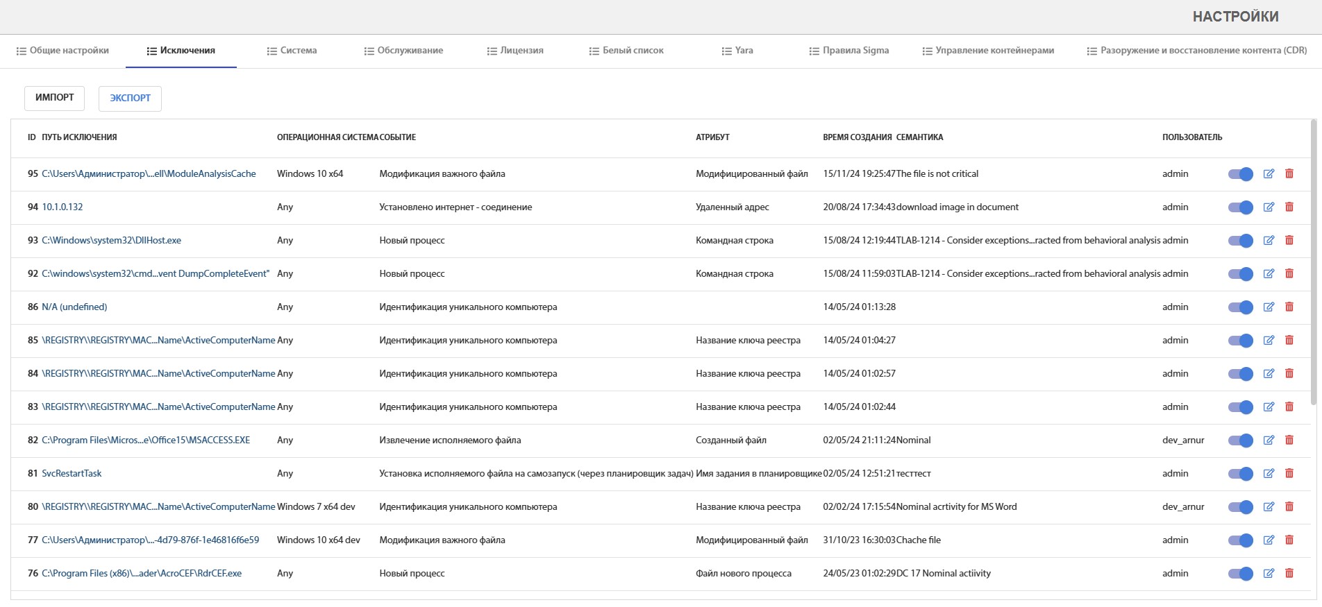 Fig. 4.1 – Страница исключений