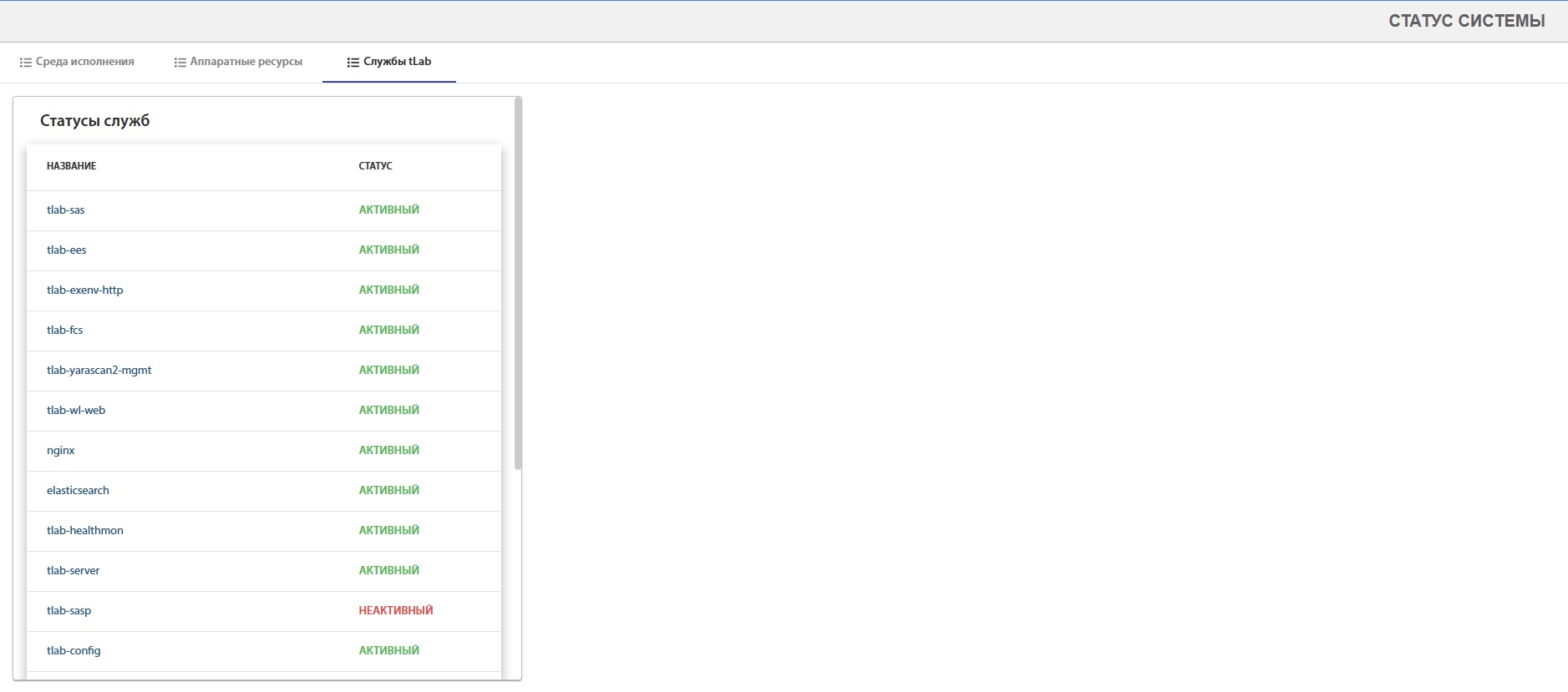 Рис 3.2 - Страница служб tLab